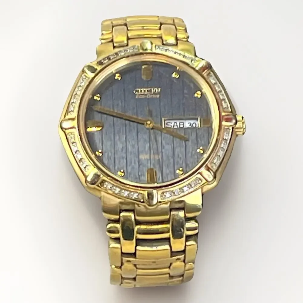 Citizen Eco-Drive Diamond Bezel Gold Tone Day Date Spanish WR100 Watch Works